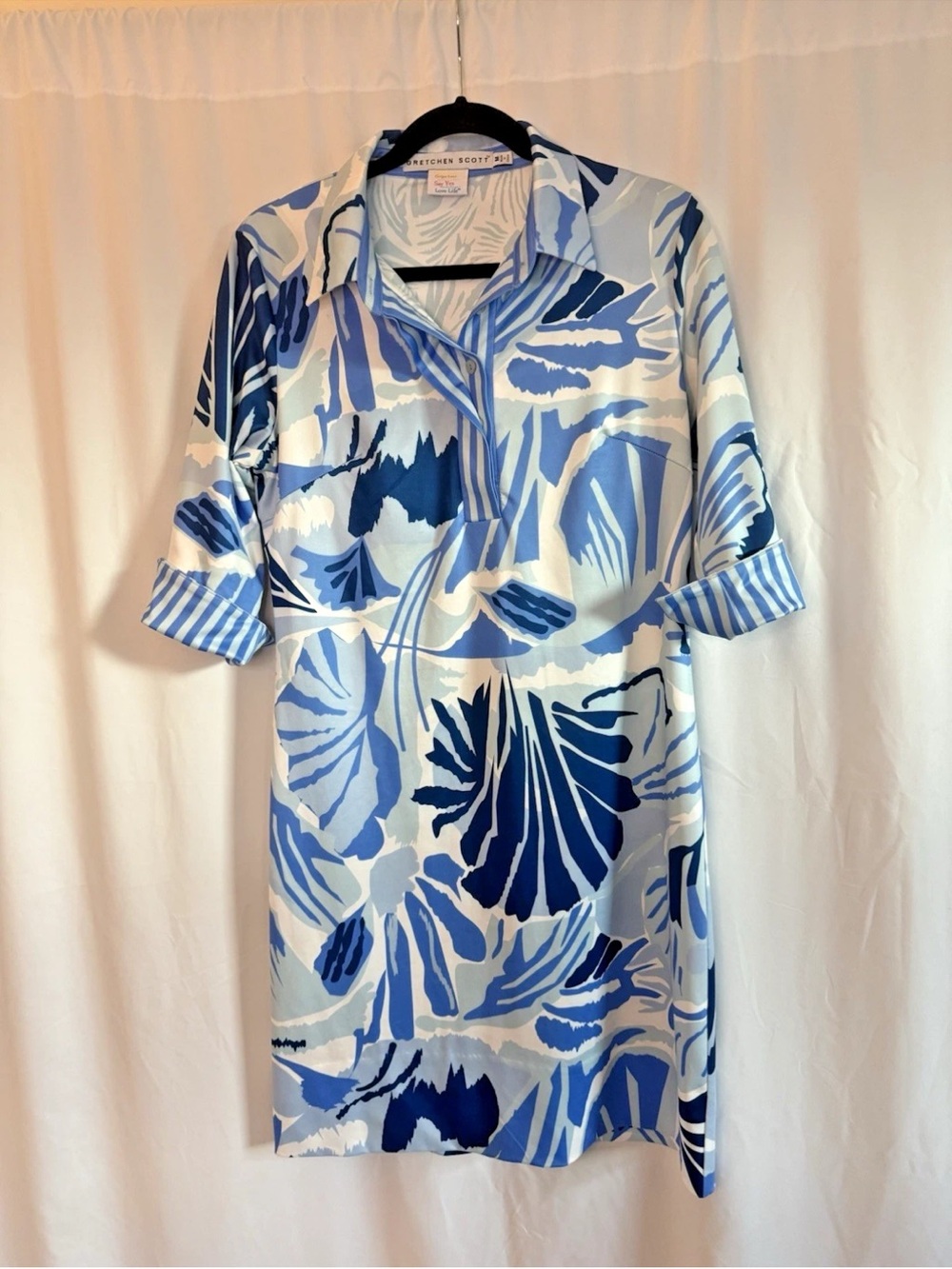 Gretchen Scott Blue White Leaf Pattern Shirt Dress - Size Medium